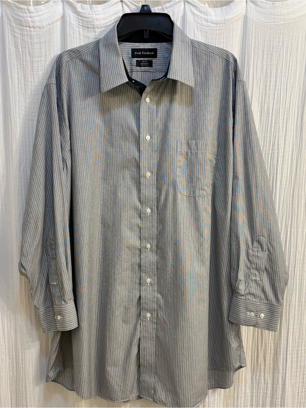 Paul Fredrick Men's Non-Iron Cotton Stripe Dress Shirt with Contrast Trim. 18x33